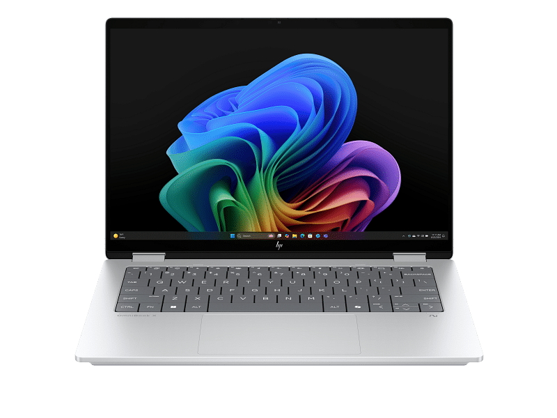 25C1_OmniBook X Flip_14_Glacier Silver_T_IR Cam_nonSD_nonFPR_Copilot Taskbar_Core Set_Front_4239592 Ordinateur Portable HP OmniBook X Flip NG AI PC14-fm0019nk (BG6S8EA) – Image 1